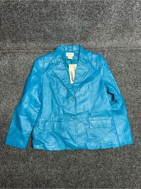 Vintage blue leather blazer 12 modern folk layering jacket colorful turquoise